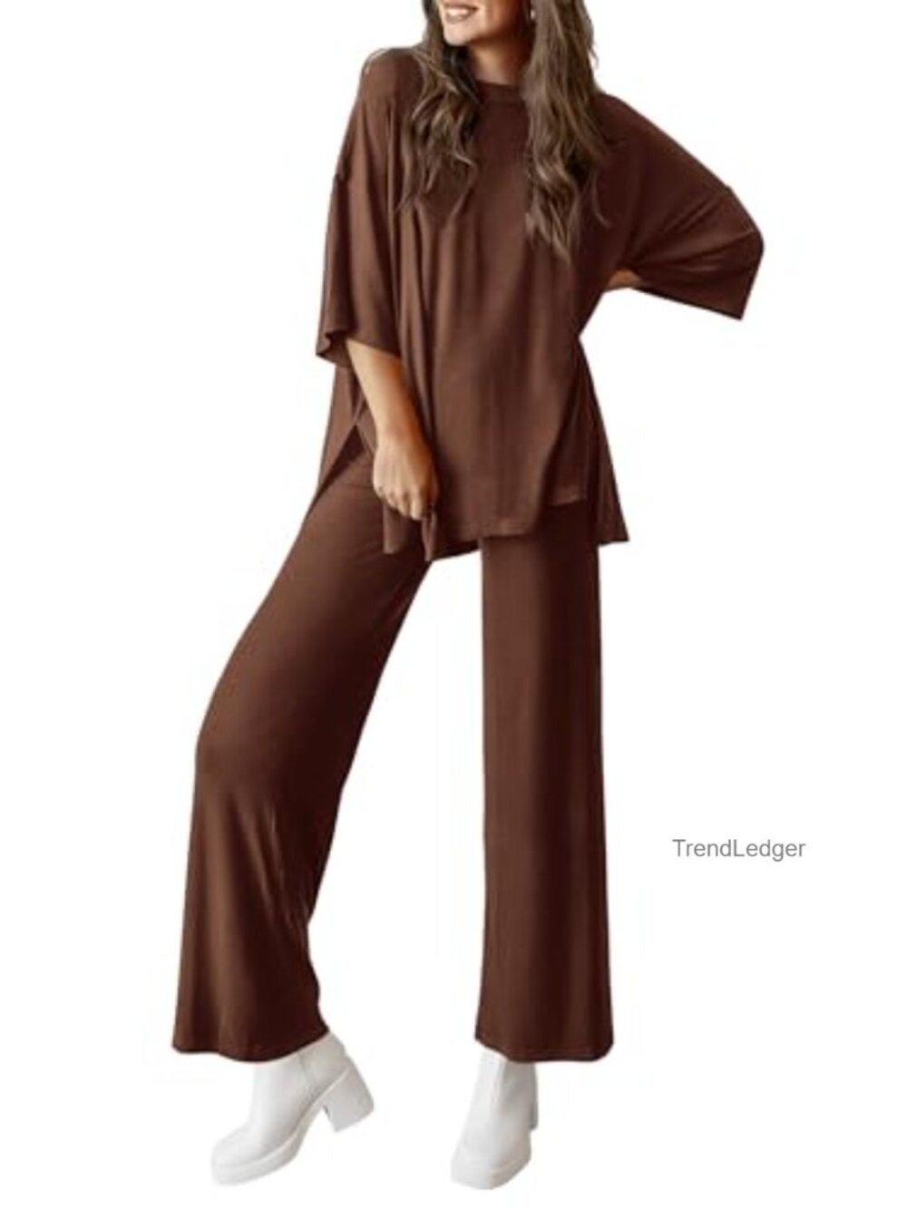 2 Piece Lounge Set Women Knit Matching Tracksuit Short Sleeve Wide Leg Pants